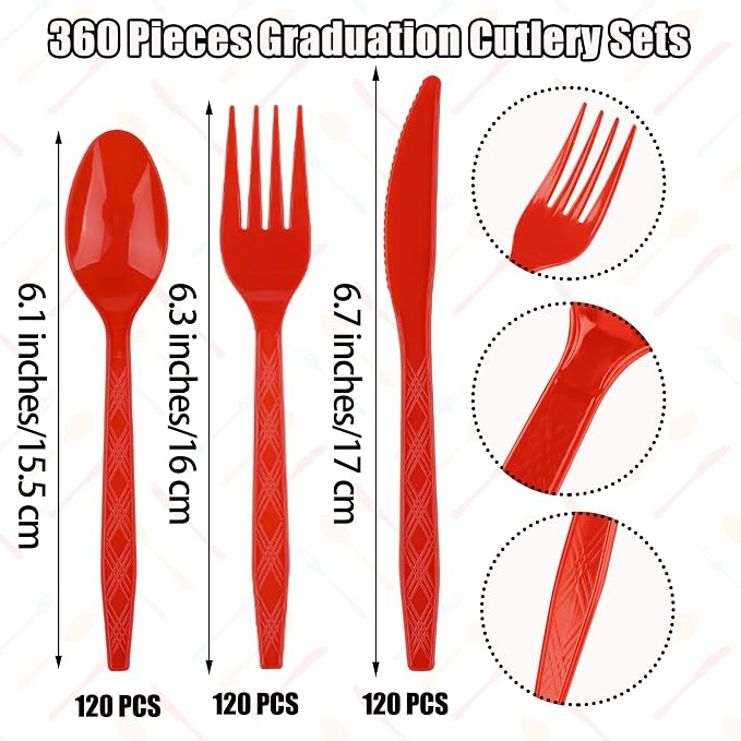 Kochorie 360 Pieces Red Plastic Cutlery Set Disposable Plastic Utensils Heavy Duty Flatware Set Include 120 Knives 120 Forks 120 Spoons for Wedding Birthday Party Supply