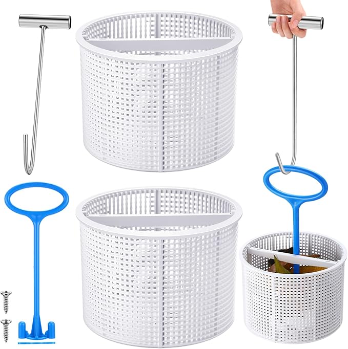 2 Pcs Pool Skimmer Basket with 1 Skimmer Handle and 1 Basket Hook Kit Compatible with Sp1082ca B-152 Automatic Skimmers, Compatible Sp1082 Sp1083 Sp1084 1085 1086 Sp1075 1075t(White)