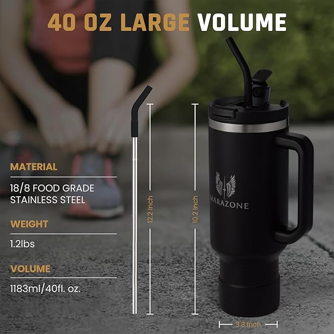 MARAZONE 40 oz Stainless Steel Tumbler with Handle, Lid and Removable Silicone Boot | Leakproof Travel Mug | Cupholder Compatible | Insulated Cup for Hot or Cold Drinks | BPA-Free - Midnight