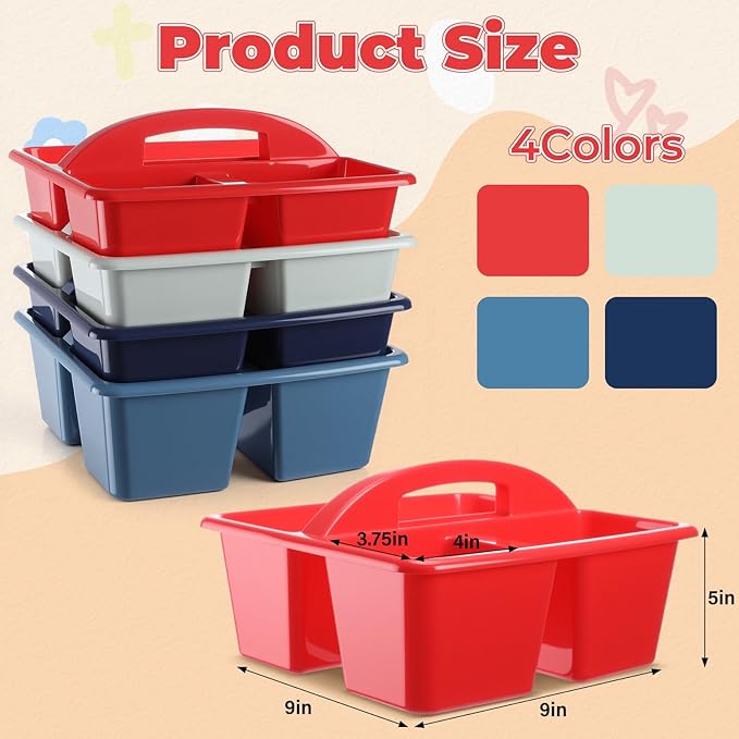 Kathfly 4 Pack Caddy Organizer with Handle, Stackable Organization Storage, Small Plastic Basket Classroom Caddy for Table Desk Office Pencil Kids Room Craft Art Teacher School Supplies (Blue Red)