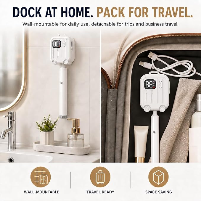 Toothbrush Sanitizer and Holder, Portable Toothbrush Sterilizer Case, Wall Mounted Toothbrush Holder for Bathroom, Travel Toothbrush Case, Rechargeable Cleaner with LED Display, White