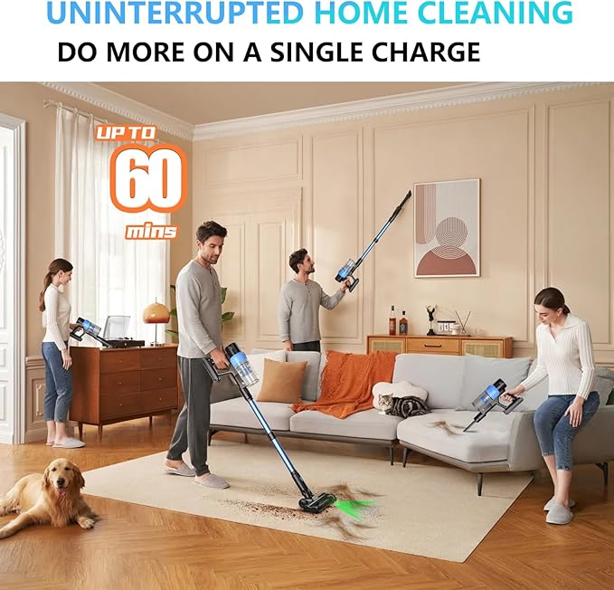 Cordless Vacuum Cleaner, Max 580W 55kPa 60mins Powerful Lightweight Rechargeable Stick Vacuum With Anti Tangle, Green Light, Self-Standing Vacuum Cleaners For Home, Hardwood Floor, Pet Hair, Carpet