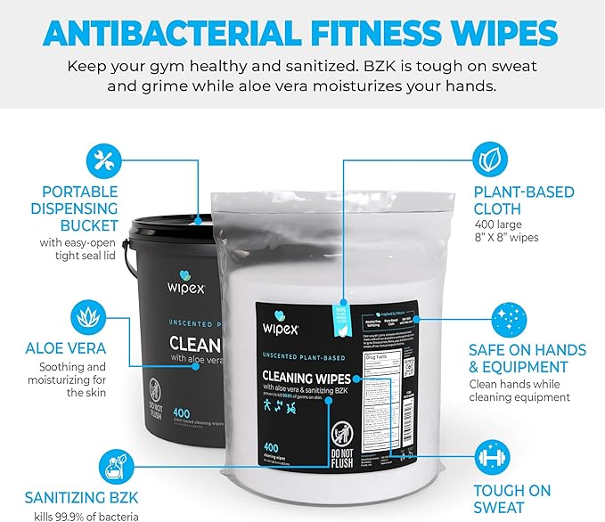 Wipex Fitness Sanitizing Wipes, 400ct Refill Rolls for Dispensers, Safe Sanitizing BZK and Aloe Vera, Unscented, Fits all Commercial Dispensers, (Refills Only - Antibacterial, 400 Count)