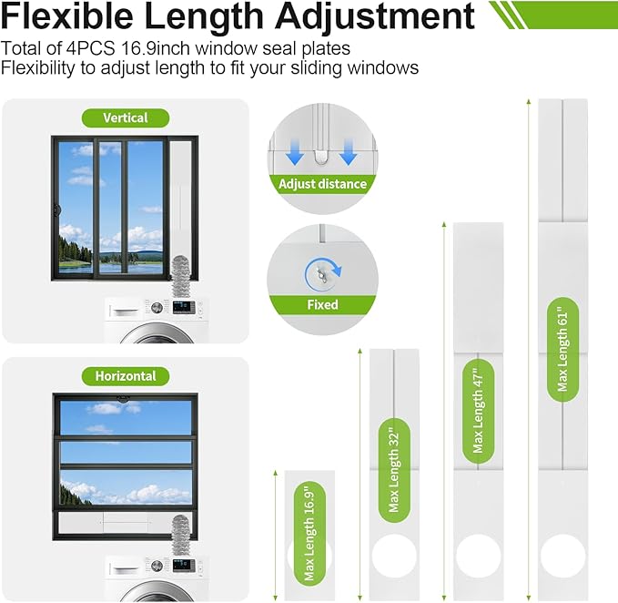 Dry Vent Window Kit for Dryer Vent Hose with 4" Diameter, Adjustable Window Dryer Vent Panels with Adjustable Length Panels and Insulating Foam Seal Strip (Max Length 59 inch)