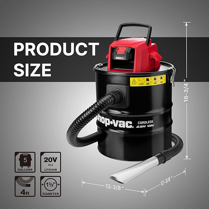 Shop-Vac 5430024 5 Gallon Cordless Ash Vac, 20V Battery, 1.5 in Diameter x 4 Ft Lock-On Hose, Stainless Steel Tank, Includes Blow Feature, Metal Nozzle and Crevice Tool