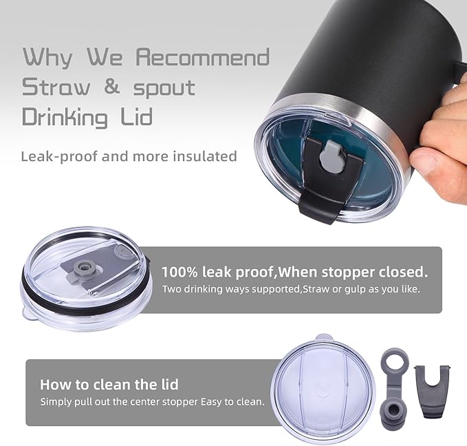 Volhoply 12oz Insulated Leakproof Coffee Mug with Flip & Straw Lid Bulk 8 Pack,Double Wall Vacuum Stainless Steel Travel Tumbler Cup with Handle,Reusable Camping Keep Cold/Hot(Black,8 Set)