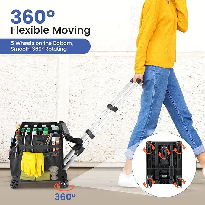 Housolution Extra Large Rolling Cleaning Caddy Bag with Detachable Trolley, Upgraded 360° Free Rotating with 5 Wheels and Dust-Proof Lid, Professional Cleaning Supplies Bag for Housekeepers, Black