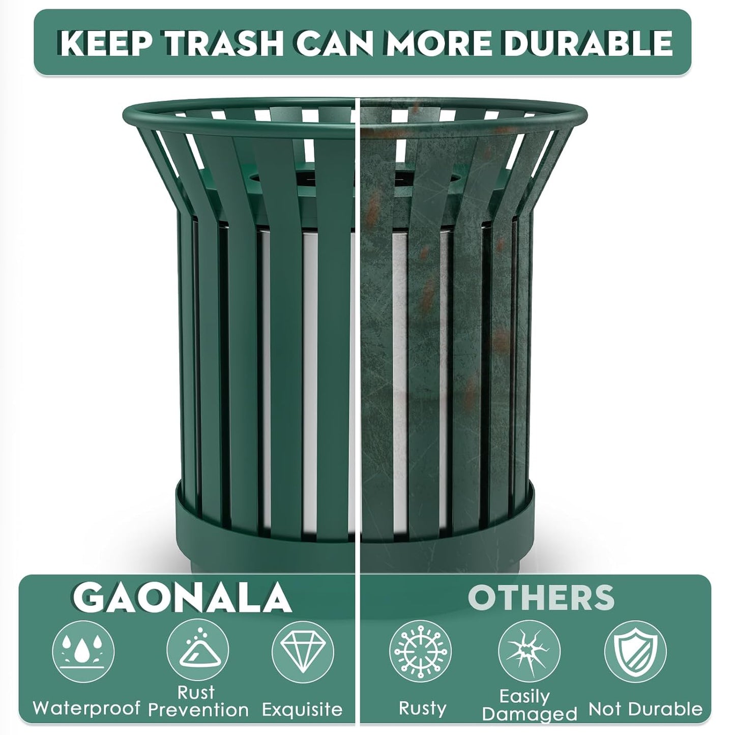 25.2IN Round Large Outdoor Trash Can, Heavy Duty Metal Slatted Garbage Can Outdoor, All Weather Resistant Commercial Garbage Cans, Waste Receptacle in Park, Beach, Patio, Green