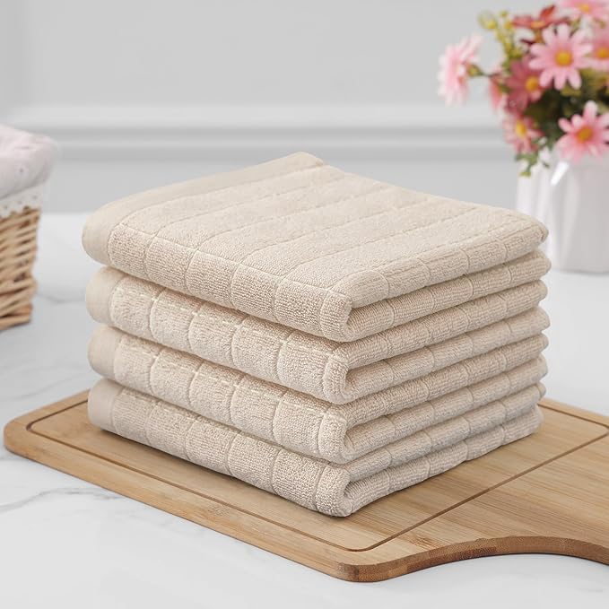 Homaxy 100% Cotton Terry Kitchen Towels(Beige, 13 x 28 inches), Checkered Designed, Soft and Super Absorbent Dish Towels, 8 Pack