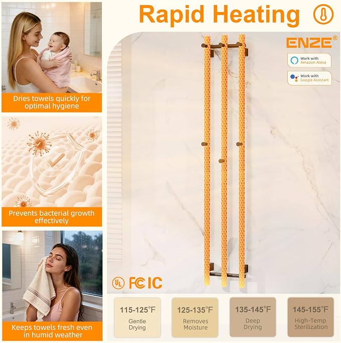 ENZE Smart Heated Towel Rack, Wall Mounted Electric Towel Warmer 220W for Bathroom, WiFi App Control & LED Touch Screen, Adjustable Temp & 24H Timer, Vertical Model, IPX5, Plug-in/Hardwired, Black