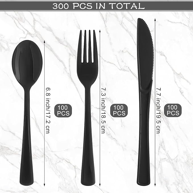 Kochorie 300 Pieces Graduation Black Plastic Silverware, Heavy Duty Disposable Utensils with Forks Spoons Knives, Premium Heavyweight Cutlery for Graduation Party, Birthday, Prom Night, Wedding Dinner
