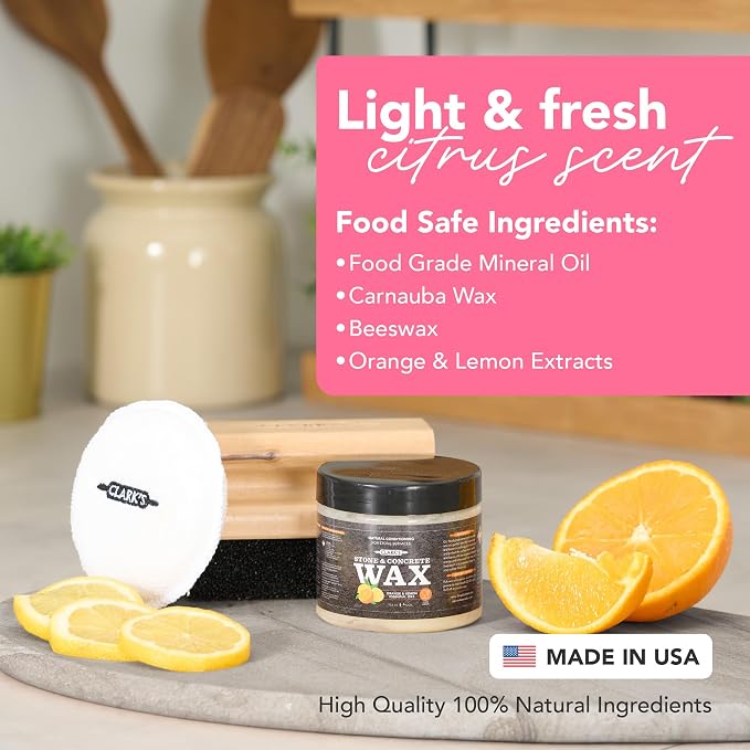 CLARK'S Natural Stone Wax Kit - Set to Restore Soapstone, Slate and Concrete Countertops includes Finishing Wax (6oz), Applicator Sponge and Buffing Pad, Enriched with Natural Lemon and Orange Extract