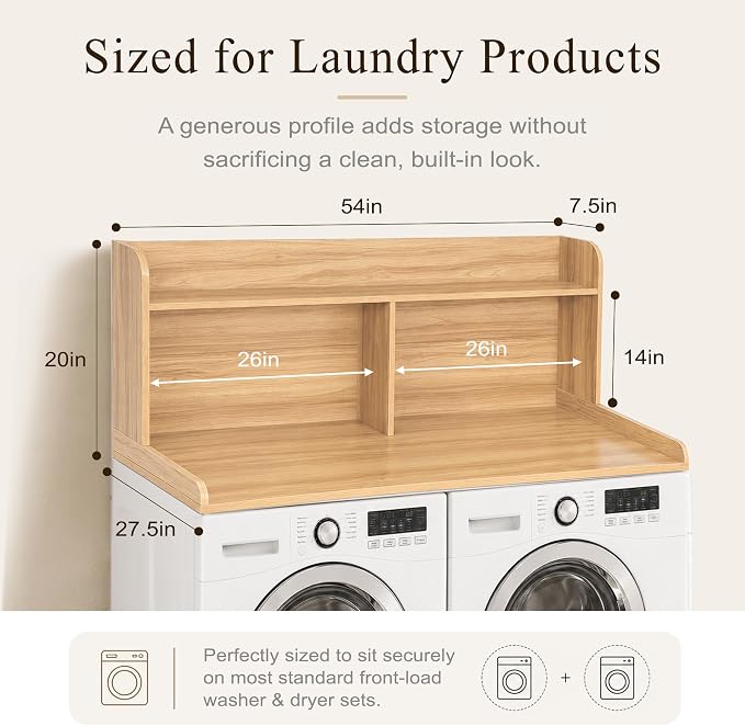 Royxen Laundry Countertop with 20“ Shelf Universal Fit, Washer and Dryer Countertop with Storage Space, Oak