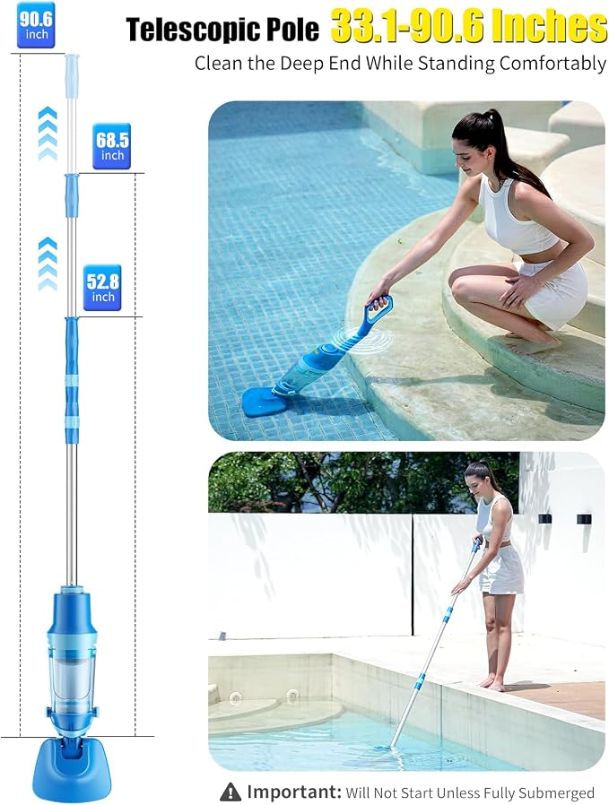 Cordless Pool Vacuum for Inground & Above Ground Pools: 23.8 GPM Powerful Stable Suction, Telescopic Pole up to 90.6", 60-Min Runtime, Extra-Large Filter & Rechargeable Pool Cleaner for Spas/Hot Tubs