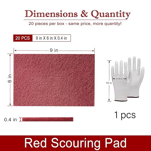 20 Pack Red Scuff Pads 6"x9" with Gloves – Very Fine Aluminum Oxide Non-Woven Abrasive Hand Pads for Automotive Paint Prep, Surface Preparation, Sanding, Woodworking, Metal & Plastic (9x6x0.4 in)