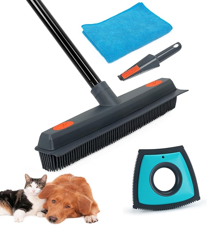 Pet Hair Removal Tool Set: Rubber Broom + Pet Hair Remover Brush for Car, Furniture, Carpet