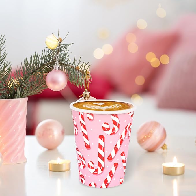 JarThenaAMCS 100Pcs Christmas Paper Cups 9Oz Red White Xmas Candy Cane Stripe Disposable Drink Cups for Winter Holiday Party Supplies Tableware Decor