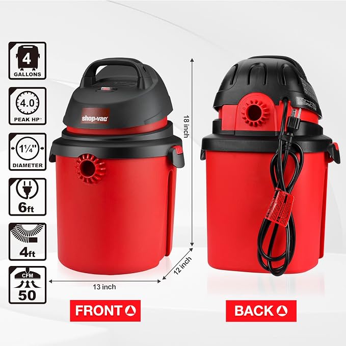 Shop-Vac 5890489 4 Gallon 4.0 Peak HP Wet/Dry Vacuum, 1.25 Inch Diameter x 4 Foot Hose, 6 Foot Cord, Ideal for Jobsite, Garage & Workshop