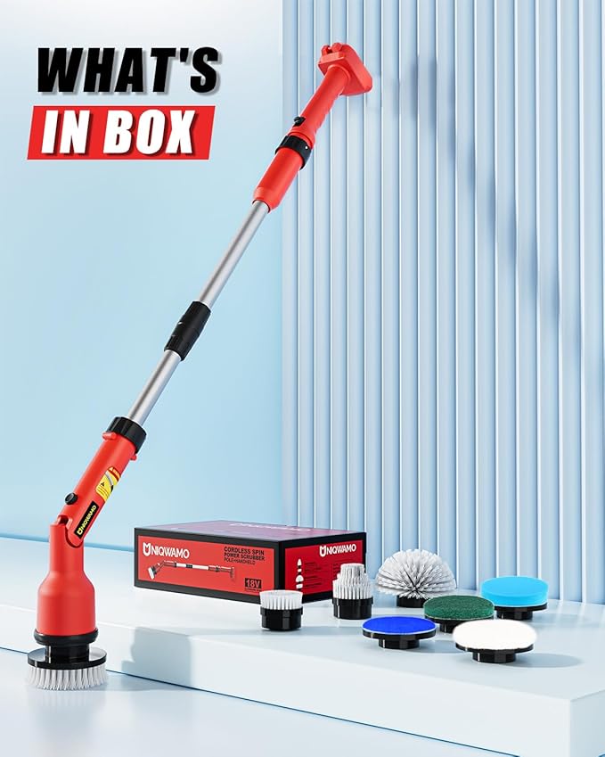 Uniqwamo Electric Spin Scrubber Compatible for Milwaukee 18V Battery(Battery NOT Included), 1000 RPM Battery Powered Scrubber with Adjustable Extension Arm & 8 Brushes & Gloves for Tub/Tile/Floor