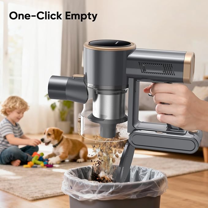 N12S Cordless Vacuum Cleaner, 30KPa Powerful Vacuum with 60 Mins Runtime, Self-Standing, LED Display, Rechargeable Lightweight Handheld Vacuum Cleaners (Gold)