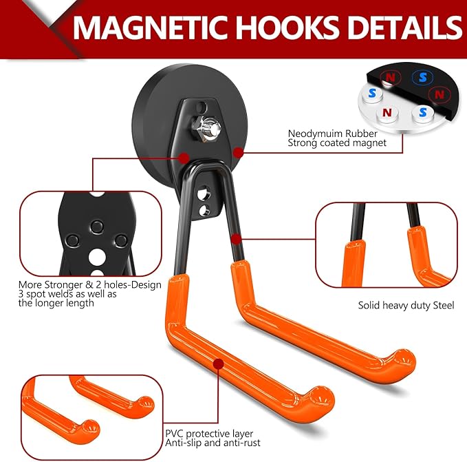 3-H Extra Strong Magnetic Hooks,Heavy Duty Large Anti-Slip Magnet Hooks U Shape,No-Drill Tool Holder for Garage,Power Drill,Garden Tools,Hose Storage,2 Pack Orange