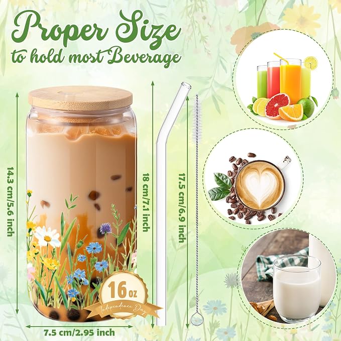 Sliner 2 Pcs Wildflower Glass Cups Floral Drinking Glasses Flower Iced Coffee Cup with Lid Straw 16 oz Cute Beer Can Tumbler Bridesmaid Gifts for Women Girl Holiday Summer Home Office Decorations