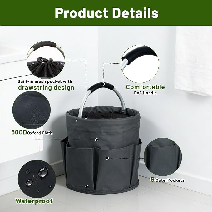 17L Foldable Cleaning Caddy with Handle - Portable Oxford Fabric Storage Bucket, Organiser for Cleaning Supplies, Toiletries, Home, Garden, Picnic & Beach (Dark Gray)