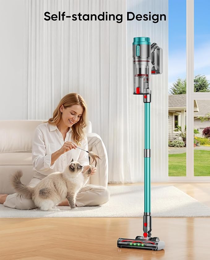 Cordless Vacuum Cleaner, 80Mins 650W/55KPA Self-Standing Vacuum Cleaners for Home, Stick Vacuum with Anti-Tangle Brush, LED Screen, Rechargeable Vacuum for Floor/Carpet/Pet Hair