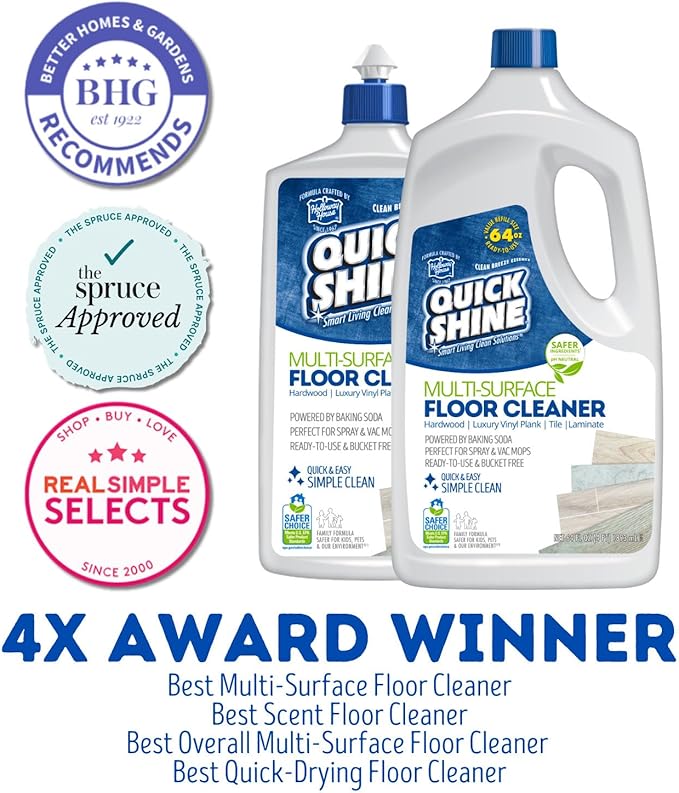 Quick Shine Multi Surface Floor Cleaner 64oz, Ready to Use-Streak Free-No Rinse, Use on Hardwood, Laminate, Luxury Vinyl Plank & Stone, Use in Spray Mops & Vac Mops, Safer Choice Cleaner