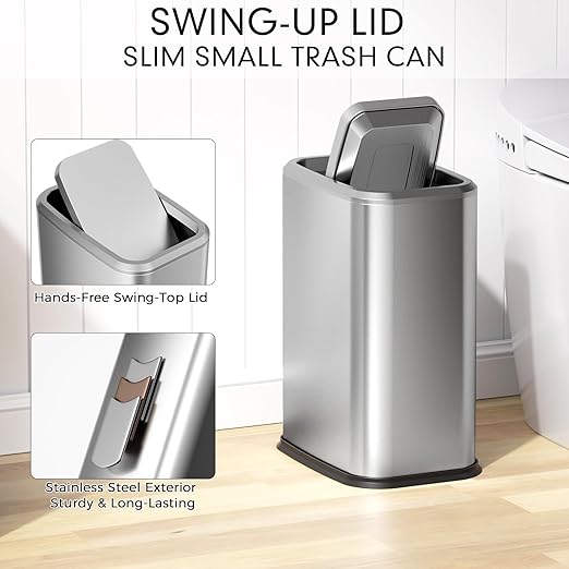 Bathroom Trash Can with Lid 8L/2.1 Gallon Silver Trash Can Small Garbage Can with Swing Top Lid Slim Stainless Steel Garbage Can with 100 Counts Trash Bags for Bathroom Bedroom Kitchen Office Toilet