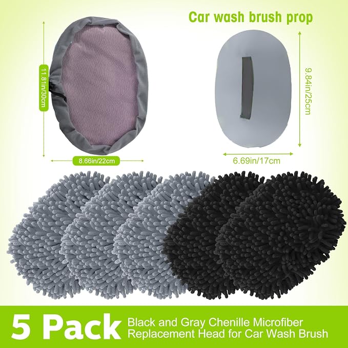 Tallew 5 Pcs Car Wash Mitt Kit, Car Clean Brush Not Included, Microfiber Mitt Clean Detail Cleaning Tools Truck Washing Chenille Scratch Replacement Kit for Auto RV Pickup Bus (Black and Gray)