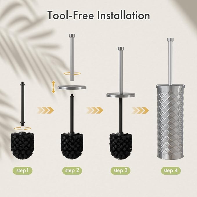 Toilet Bowl Brush and Holder Set 3 Pack with 6 Extra Brush Heads | Extra Long Handle with Splash Guard Cover, Tool-Free Installation, Bathroom Space-Saving, Cleaner Sets for Apartments, RV (Silvery)