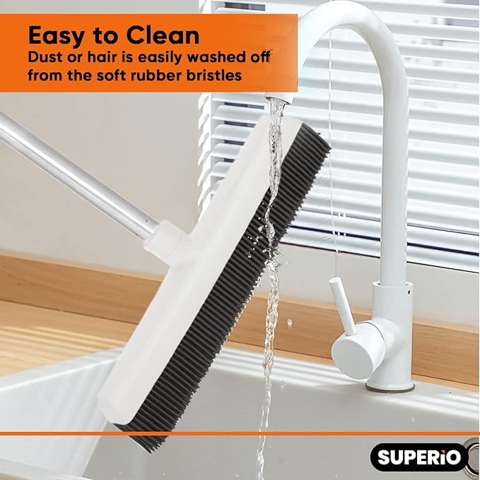 Rubber Bristle Broom for Hardwood Floors, Tiles, Carpets, Wood, and Vinyl Salon Broom, Rubber Squeegee Broom, Rubber Rake for Human Hair, Pet Hair, Fur, Lint, Liquid, Grey, by Superio (Head Only)