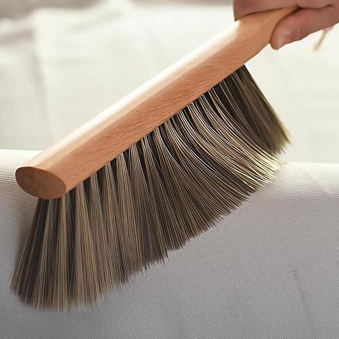 Soft Bristle Hand Brush Wood Handle for Bench Counter Shop 14" Gray | Foxtail dust brush for upholstery furniture cushion sofa bed and beach sand, Natural handheld broom for dustpan, Non-scratch