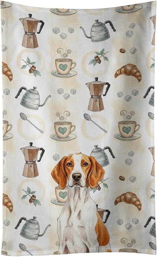 Caroline's Treasures Orange and White Pointer Coffee Bar Kitchen Towel Velour Plush Front and Cotton Loop Back Machine Washable