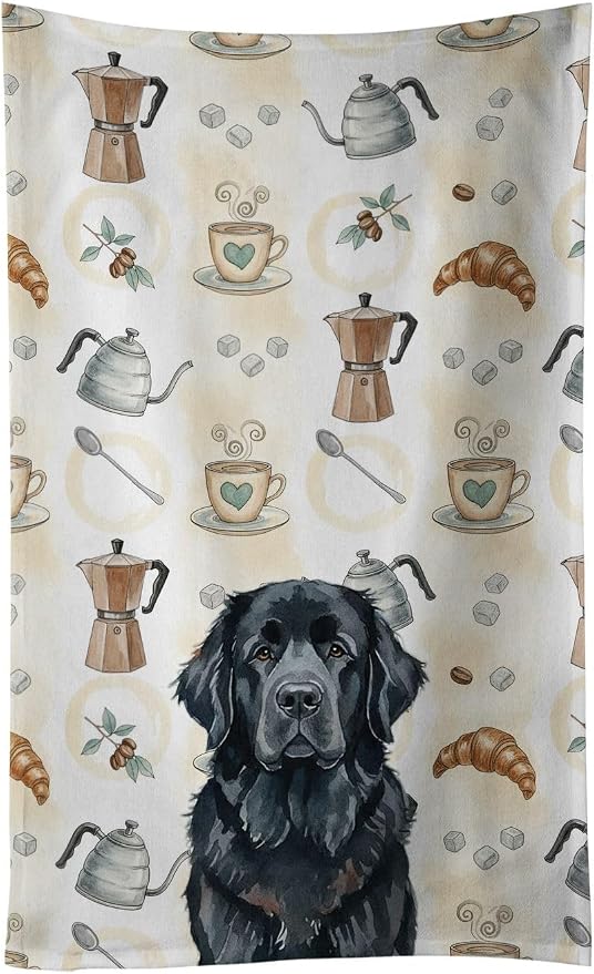 Caroline's Treasures Black Newfoundland Coffee Bar Kitchen Towel Velour Plush Front and Cotton Loop Back Machine Washable