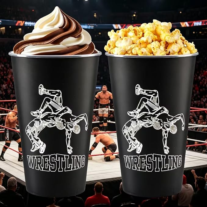 Free Hugs Wrestling Birthday Supplies, 20pcs Disposable Plastic Cups 16 Oz Drinking Cup with Lid, Dad Husband Boyfriend Uncle Funny Wrestling Party Decoration for Cold Drinks (wrestling)