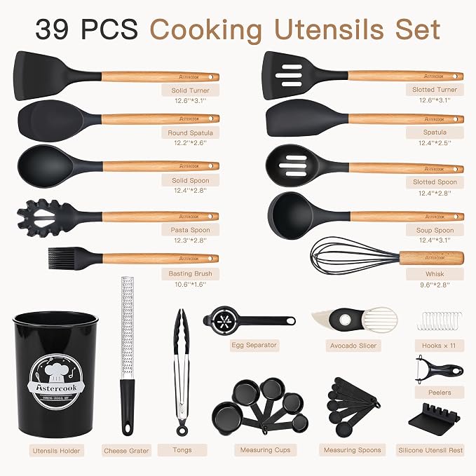 Astercook 39 PCS Kitchen Utensils Set, Silicone Cooking Utensil Sets with Wooden Handle, 446°F Heat Resistant Food Grade Spatula Set, BPA Free Kitchen Gadgets Tools Set & Spoons for Nonstick Cookware
