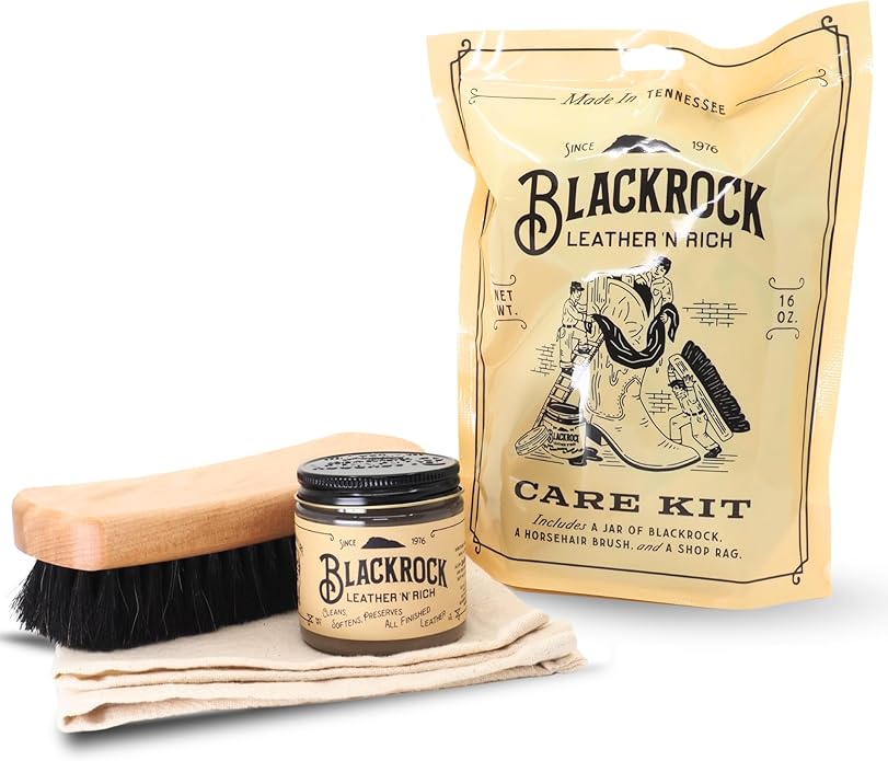 Blackrock Leather N Rich Leather Care Kit. 2-in-1 cleaner and conditioner for sofas, boots, purses, car interiors, horse tack. Made in the USA. Easy to use. Make your leather last longer.