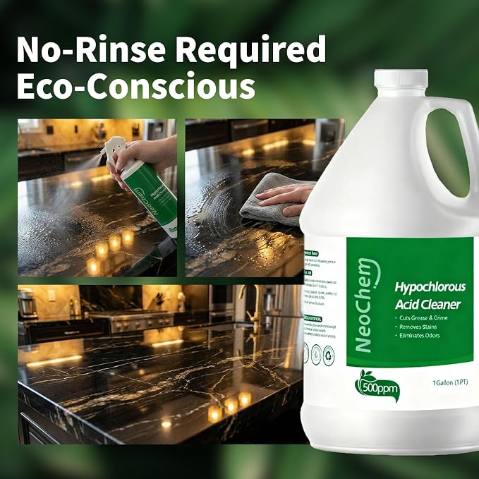 Hypochlorous Acid Spray For Cleaning, 500ppm Hypochlorous Acid,Cuts Grease, Removes Stains, Eliminates Odors - No Rinse, No Harsh Fumes, Biodegradable (1Gallon*2)