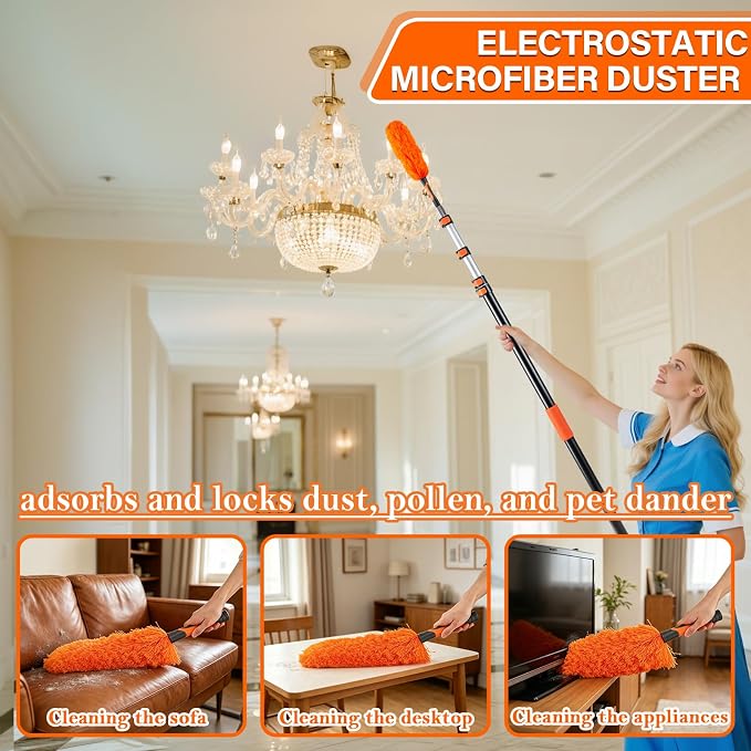 26FT High Ceiling Duster with Extension Pole, High Reach Duster Cleaning Kit, Ceiling Fan Cleaner Duster, Cobweb Dusters & Window Cleaning Squeegee Kit for Fan Blades, Furniture, Corner, Long Dusters