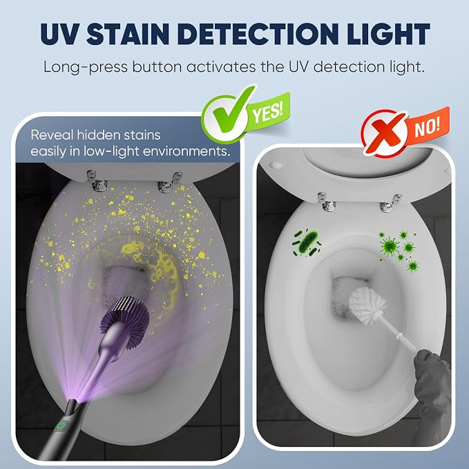 EKZ Electric Toilet Brush with UV Stain Detection, High-Torque Deep Cleaning, Dual-Speed 80/200 RPM, Silicone Brush Head, Wall-Mounted Holder, Type-C Rechargeable, White