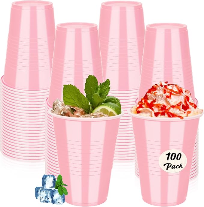 100PCS 16 oz Pink Plastic Cups, Disposable Party Cups for Graduation Weddings, Birthdays & Festive Celebrations, Beverage Holiday Camping Barbecues, Reusable Party Supplies