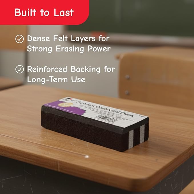 Charles Leonard Premium Felt Chalkboard Eraser, 6 x 2 x 1.25 Inches, Black/White, 12-Pack (74586)