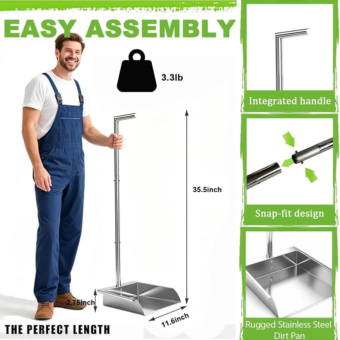 35in Heavy Duty Stainless Steel Standing Dust pan with Handle, Long Handle Metal Dustpans, Stand Up Large Dustpan for Farm, Office, Garage, Outdoor Yard, Commercial & Household Use