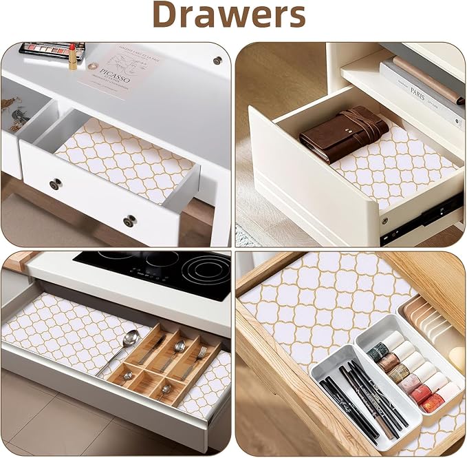 Shelf Drawer Liners for Kitchen Cabinets Non Adhesive Drawer Liner Thickened Refrigerator Liner Gold Quatrefoil Strong Non-Slip Paper for Tool Box with Knife and Tape Measure,17.3 x 354.3 Inches