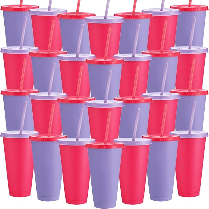 Honeydak 30 Pack Tumbler with Straw and Lid Bulk Cups for Gifts Water Bottle Iced Coffee Travel Mug Cup Reusable Plastic Tumblers for Party Birthdays 24-27 oz (Pink and Purple Color)
