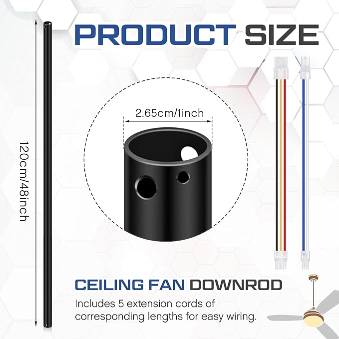 VIHOSE 48 Inch Ceiling Fan Downrod with Extension Cord 4 ft Black Downrod for Ceiling Fan 1 Inch Outside Diameter Not Threaded Suitable for a Wide Range of Fans