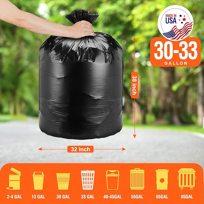 Delxo 30-33 Gallon Trash Bags, 1000 Count – 0.6 Mil Medium Duty Garbage Bags, Durable Plastic Bolsas para basura, Perforated Design– Made in USA for Kitchen, Yard, Office (Black)