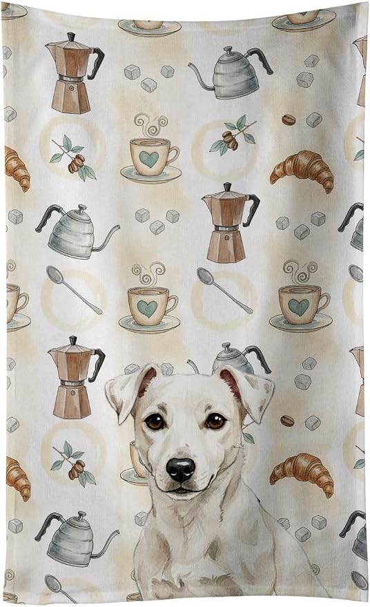 Caroline's Treasures White Jack Russell Terrier Coffee Bar Kitchen Towel Velour Plush Front and Cotton Loop Back Machine Washable